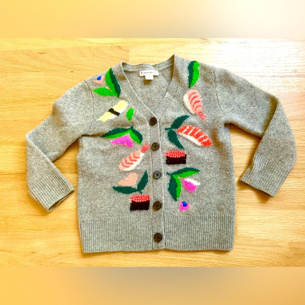 Rare htf Crewcuts 100% wool sushi print cardigan